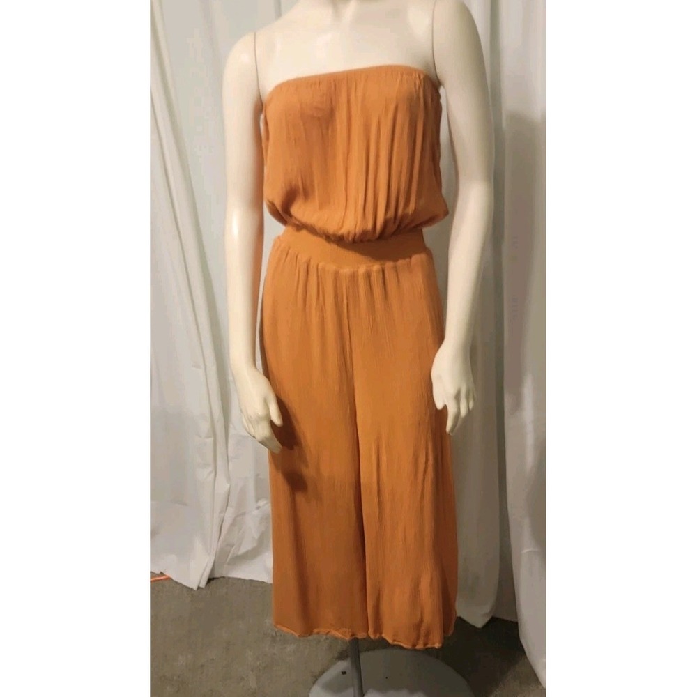 Cotton Candy LA wideleg Jumpsuit SZ‎ S boho Strapless Crushed Rayon Burnt Orange